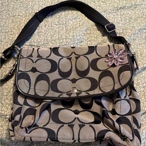 Coach Signature Pattern Canvas Shoulder Bag in Beige and Black